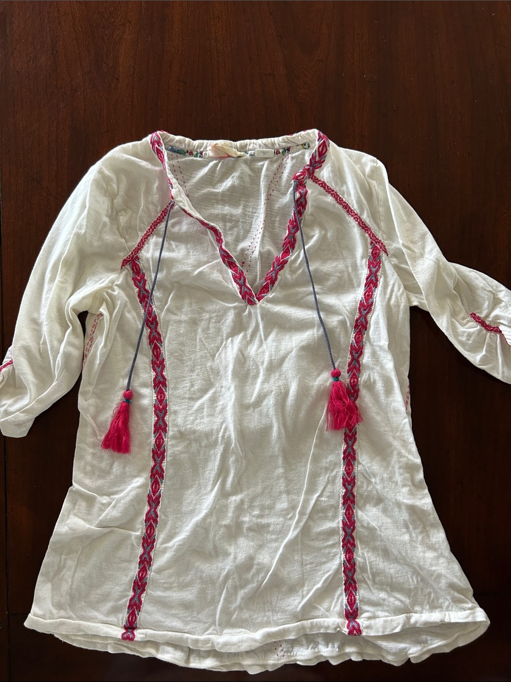 Anthropologie White Cotton Tunic with Pink Embroidered Trim and Tassels
